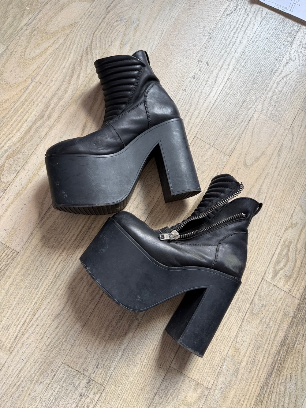 UNIF Black Platform Zip Ankle Boots with Quilted Shaft